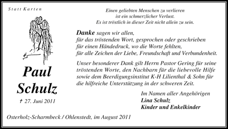 Traueranzeige von Paul Schulz von WESER-KURIER