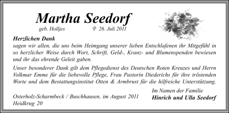 Traueranzeige von Martha Seedorf von WESER-KURIER