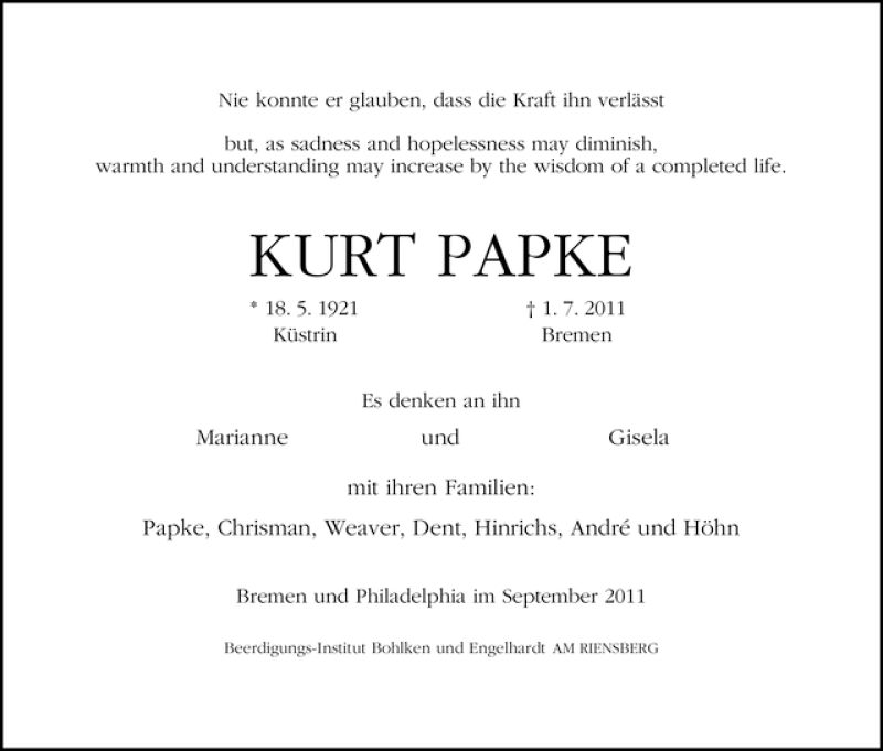 Traueranzeige von Kurt Papke von WESER-KURIER