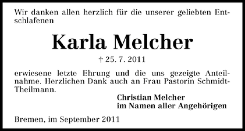 Traueranzeige von Karla Melcher von WESER-KURIER