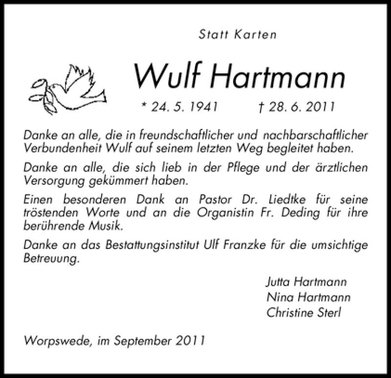 Traueranzeige von Wulf Hartmann von WESER-KURIER