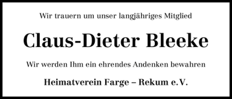 Traueranzeige von Claus-Dieter Bleeke von WESER-KURIER