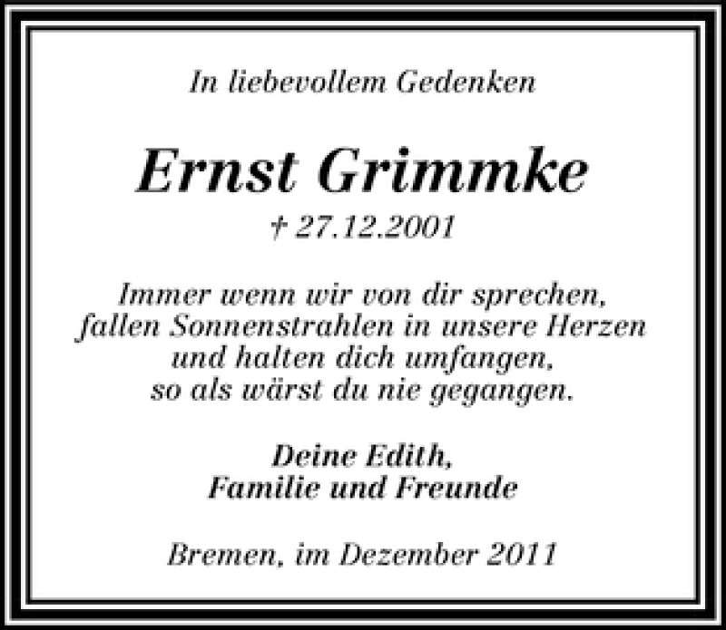 Traueranzeige von Ernst Grimmke von WESER-KURIER