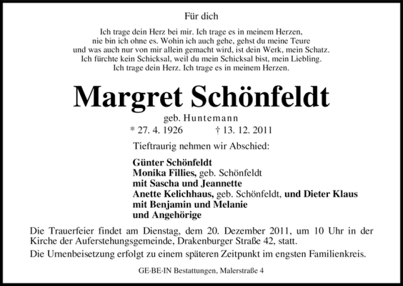 Traueranzeige von Margret Schönfeldt von WESER-KURIER