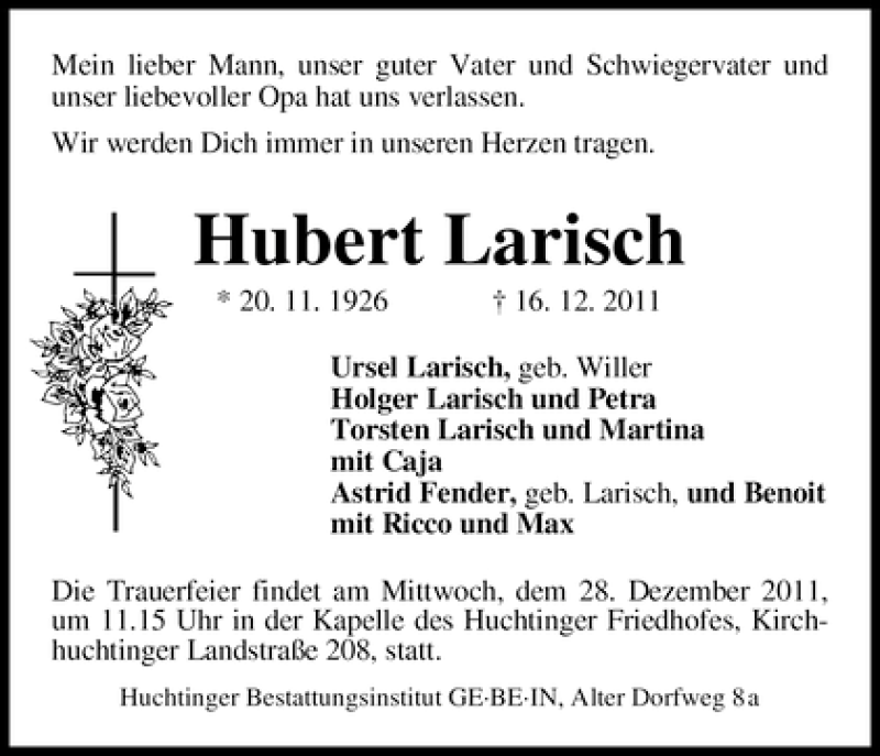 Traueranzeige von Hubert Larisch von WESER-KURIER