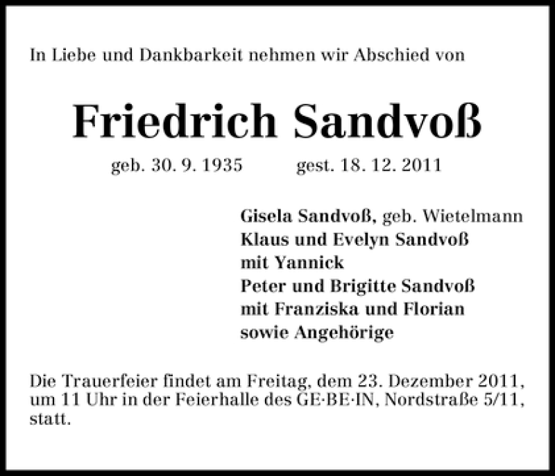 Traueranzeige von Friedrich Sandvoß von WESER-KURIER