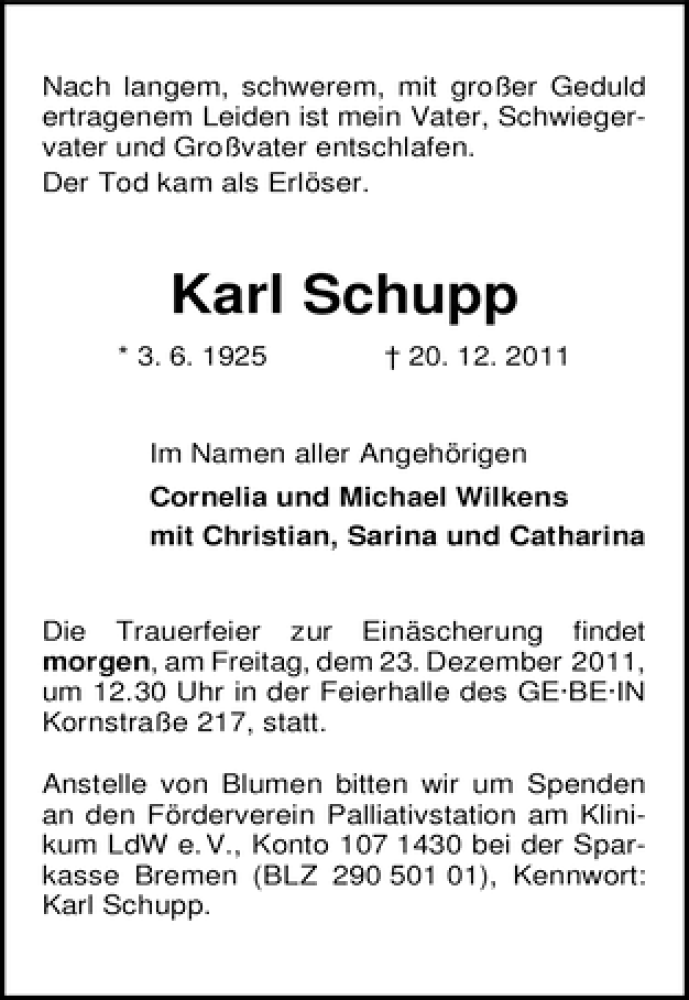 Traueranzeige von Karl Schupp von WESER-KURIER