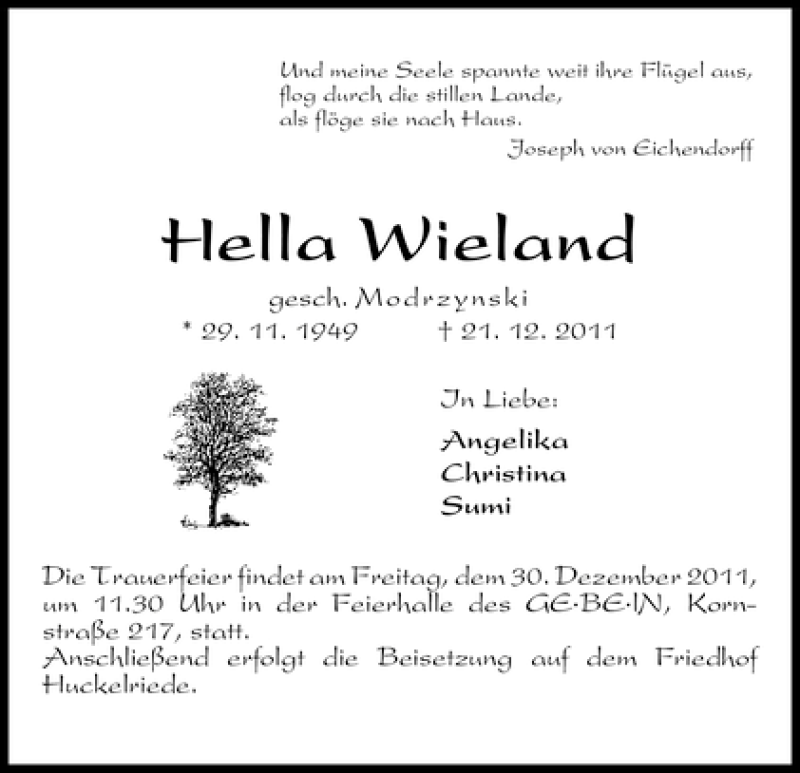 Traueranzeige von Hella Wieland von WESER-KURIER