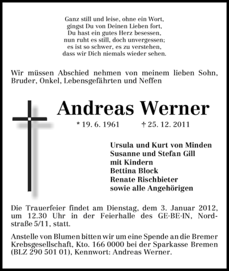 Traueranzeige von Andreas Werner von WESER-KURIER