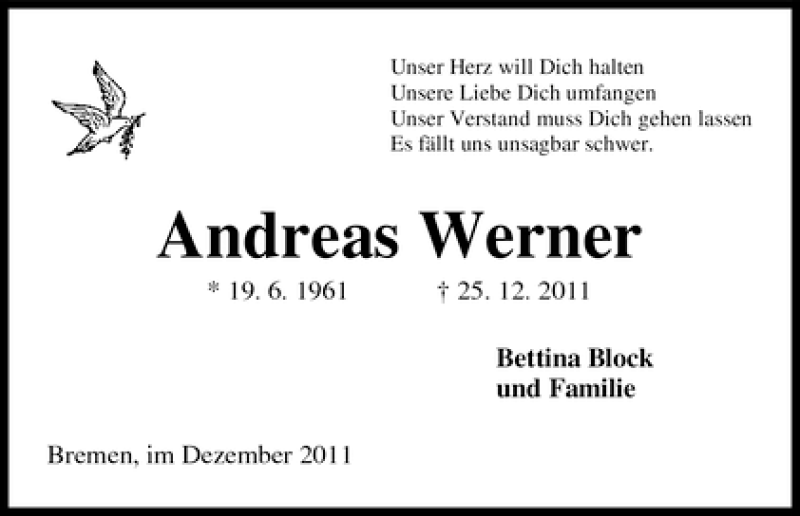 Traueranzeige von Andreas Werner von WESER-KURIER