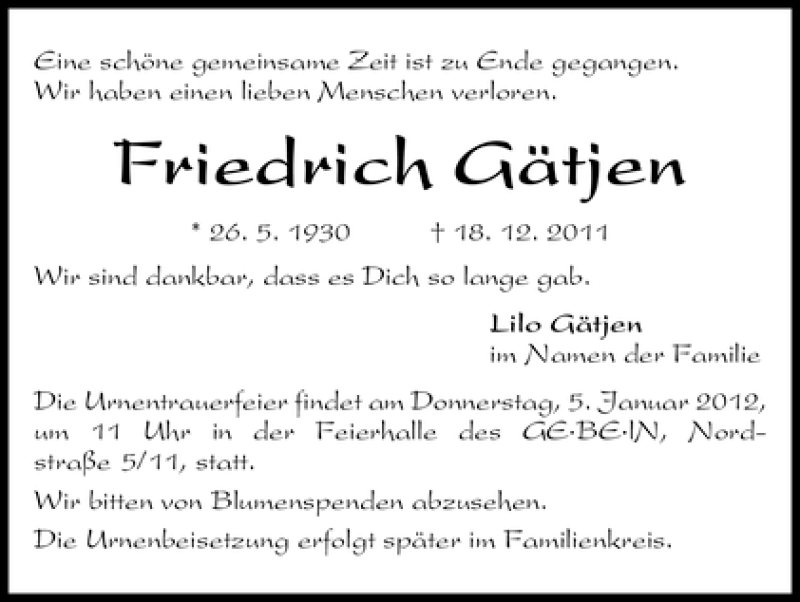 Traueranzeige von Friedrich Gätjen von WESER-KURIER