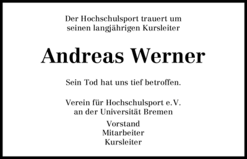 Traueranzeige von Andreas Werner von WESER-KURIER