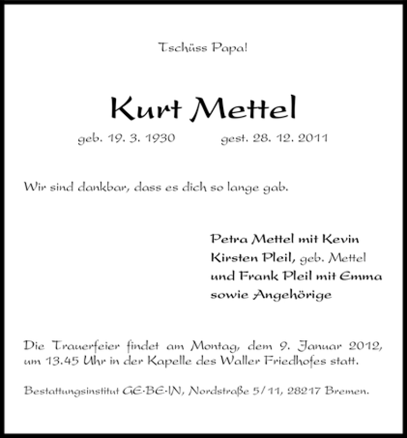 Traueranzeige von Kurt Mettel von WESER-KURIER