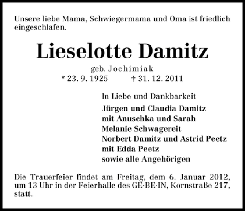Traueranzeige von Lieselotte Damitz von WESER-KURIER