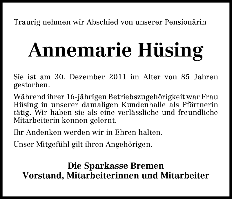 Traueranzeige von Annemarie Hüsing von WESER-KURIER