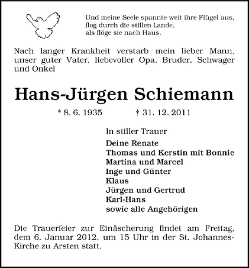 Traueranzeige von Hans-Jürgen Schiemann von WESER-KURIER