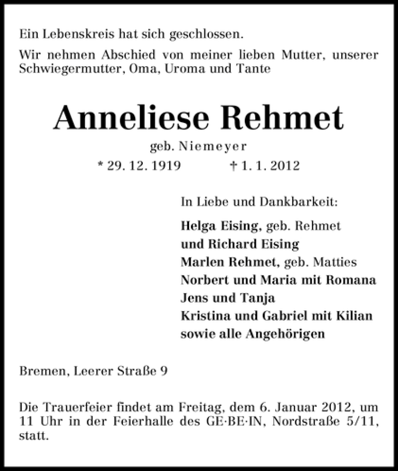 Traueranzeige von Anneliese Rehmet von WESER-KURIER