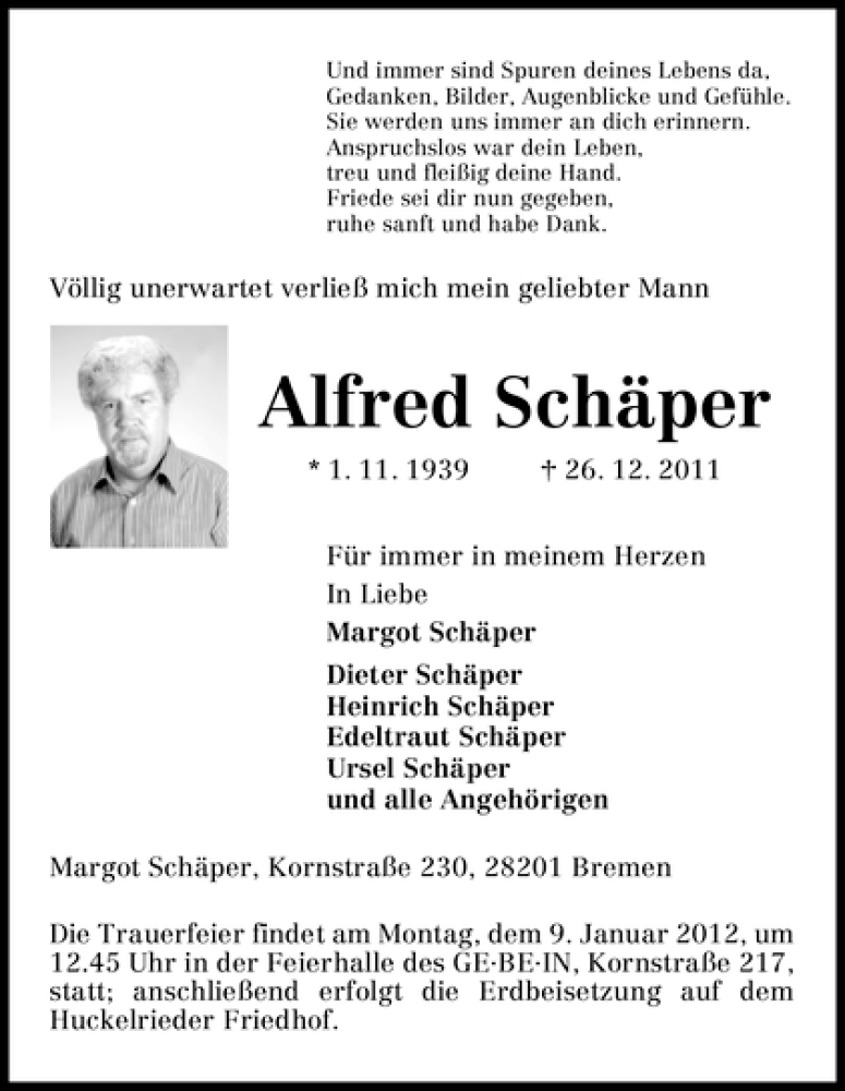 Traueranzeige von Alfred Schäper von WESER-KURIER