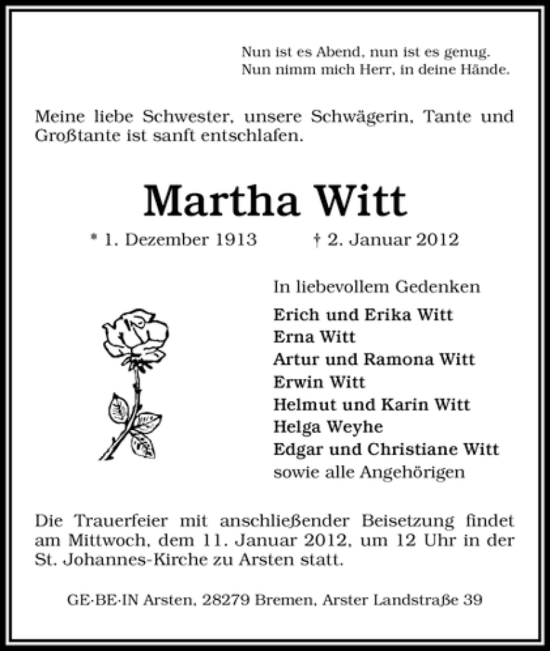 Traueranzeige von Martha Witt von WESER-KURIER