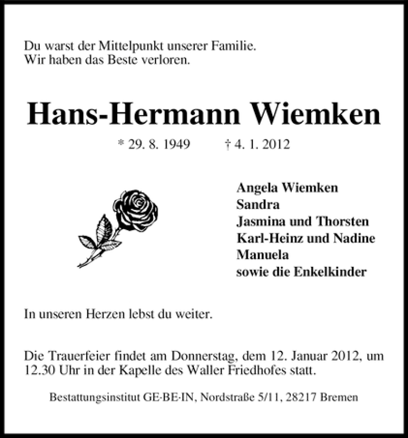 Traueranzeige von Hans-Hermann Wiemken von WESER-KURIER