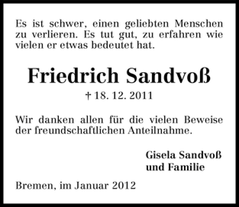 Traueranzeige von Friedrich Sandvoß von WESER-KURIER