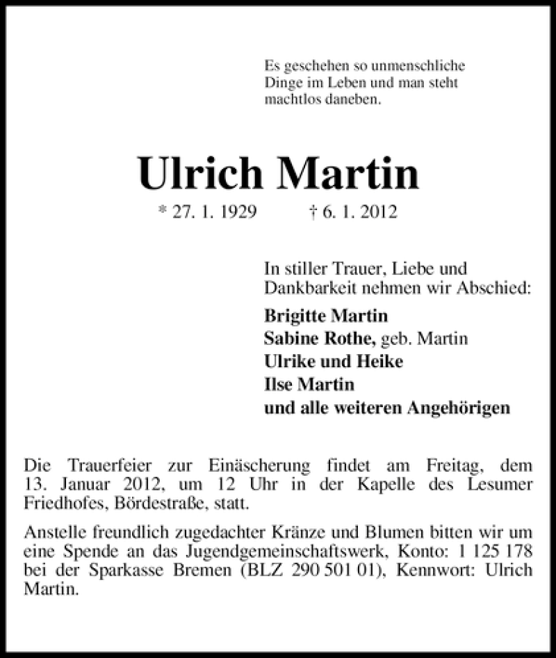 Traueranzeige von Ulrich Martin von WESER-KURIER