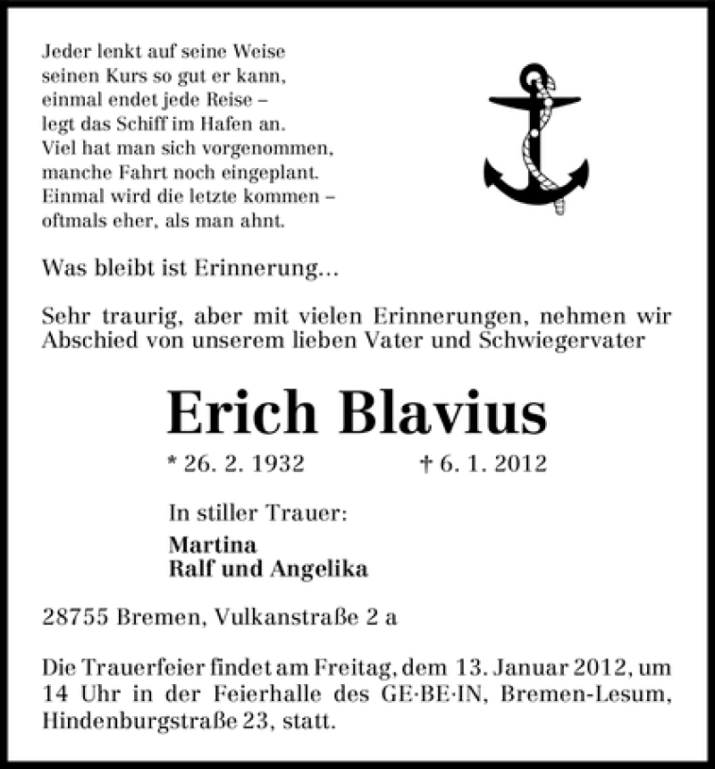 Traueranzeige von Erich Blavius von WESER-KURIER
