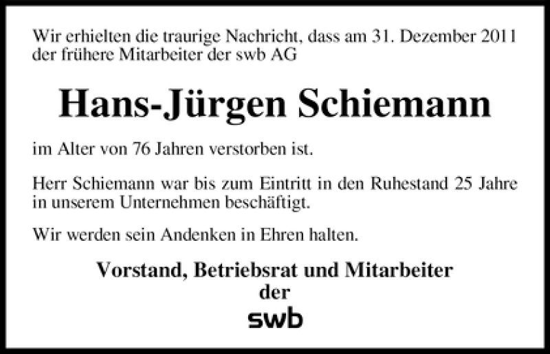 Traueranzeige von Hans-Jürgen Schiemann von WESER-KURIER