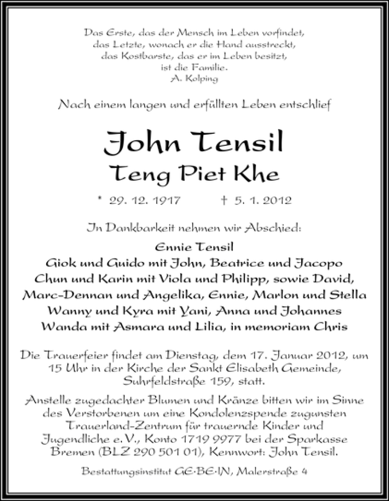 Traueranzeige von John Tensil von WESER-KURIER
