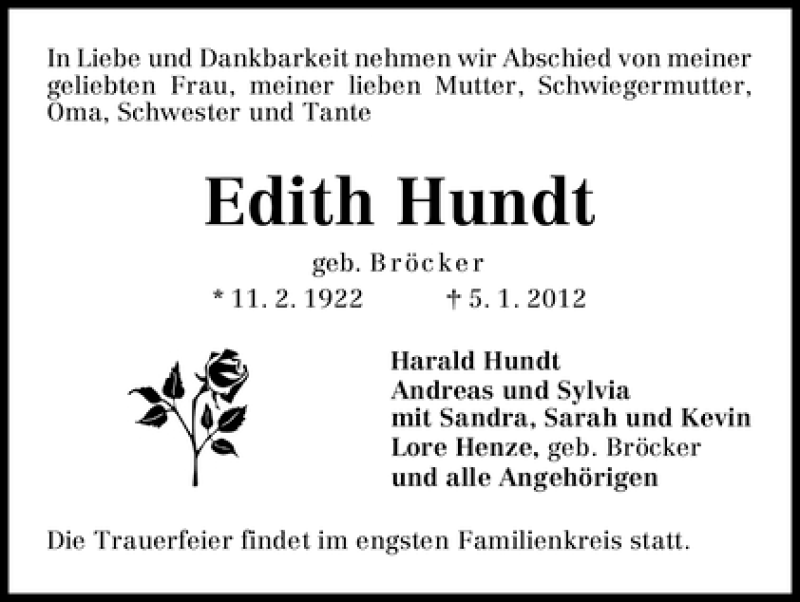 Traueranzeige von Edith Hundt von WESER-KURIER
