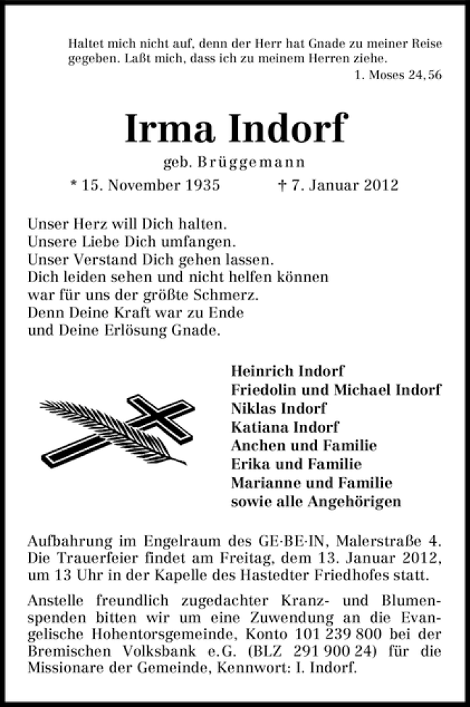 Traueranzeige von Irma Indorf von WESER-KURIER