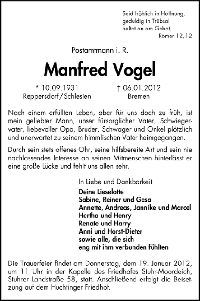 Traueranzeige von Manfred Vogel von WESER-KURIER