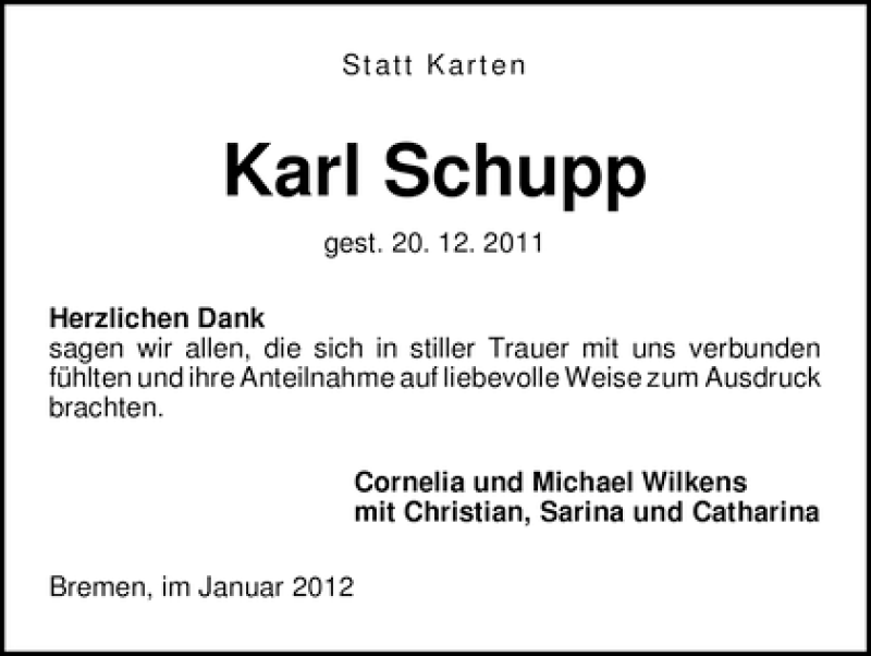 Traueranzeige von Karl Schupp von WESER-KURIER
