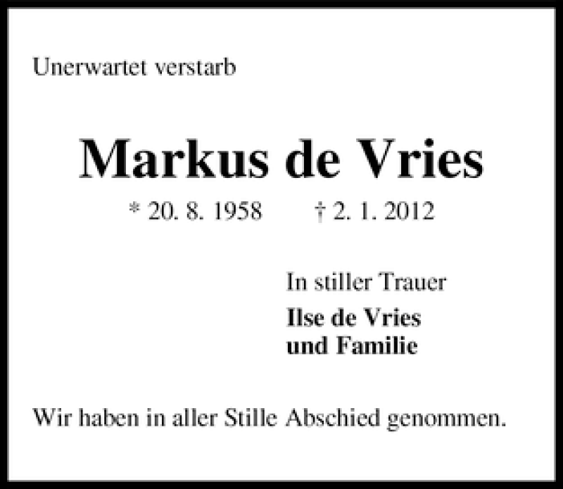 Traueranzeige von Markus de Vries von WESER-KURIER