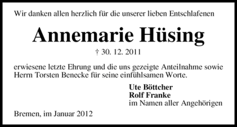 Traueranzeige von Annemarie Hüsing von WESER-KURIER