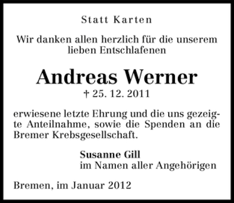 Traueranzeige von Andreas Werner von WESER-KURIER