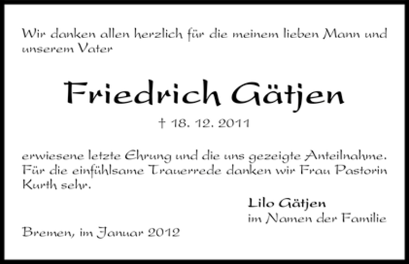 Traueranzeige von Friedrich Gätjen von WESER-KURIER