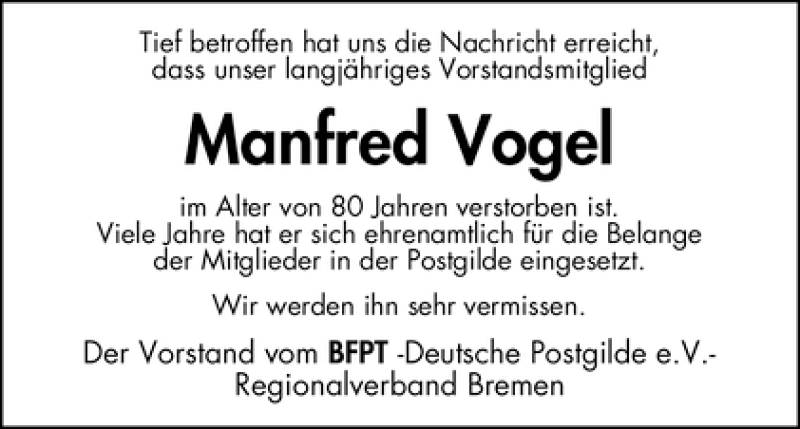 Traueranzeige von Manfred Vogel von WESER-KURIER