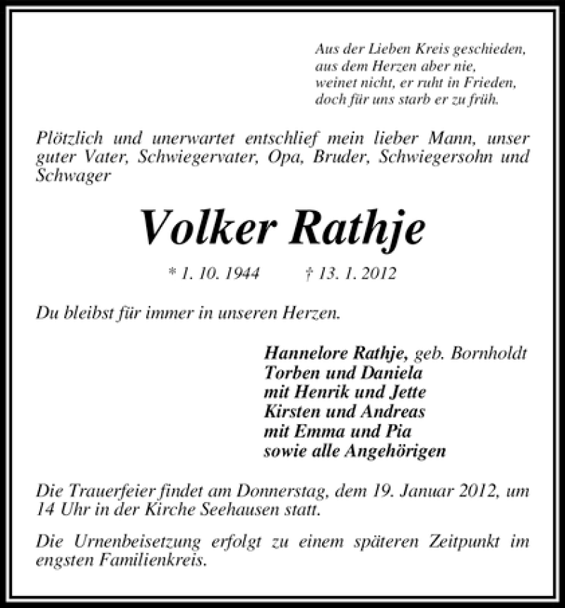 Traueranzeige von Volker Rathje von WESER-KURIER