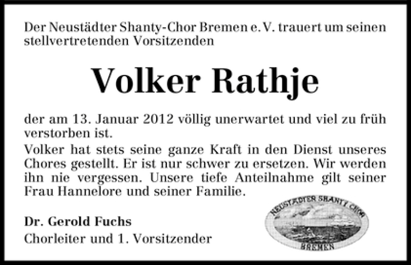 Traueranzeige von Volker Rathje von WESER-KURIER