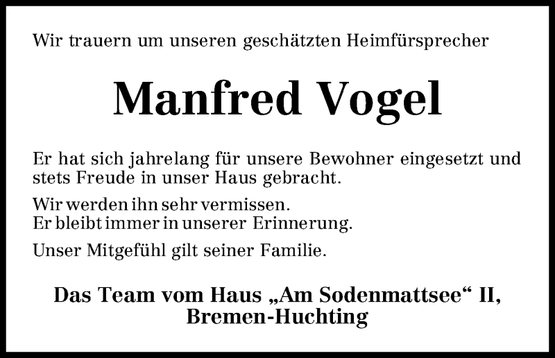 Traueranzeige von Manfred Vogel von WESER-KURIER