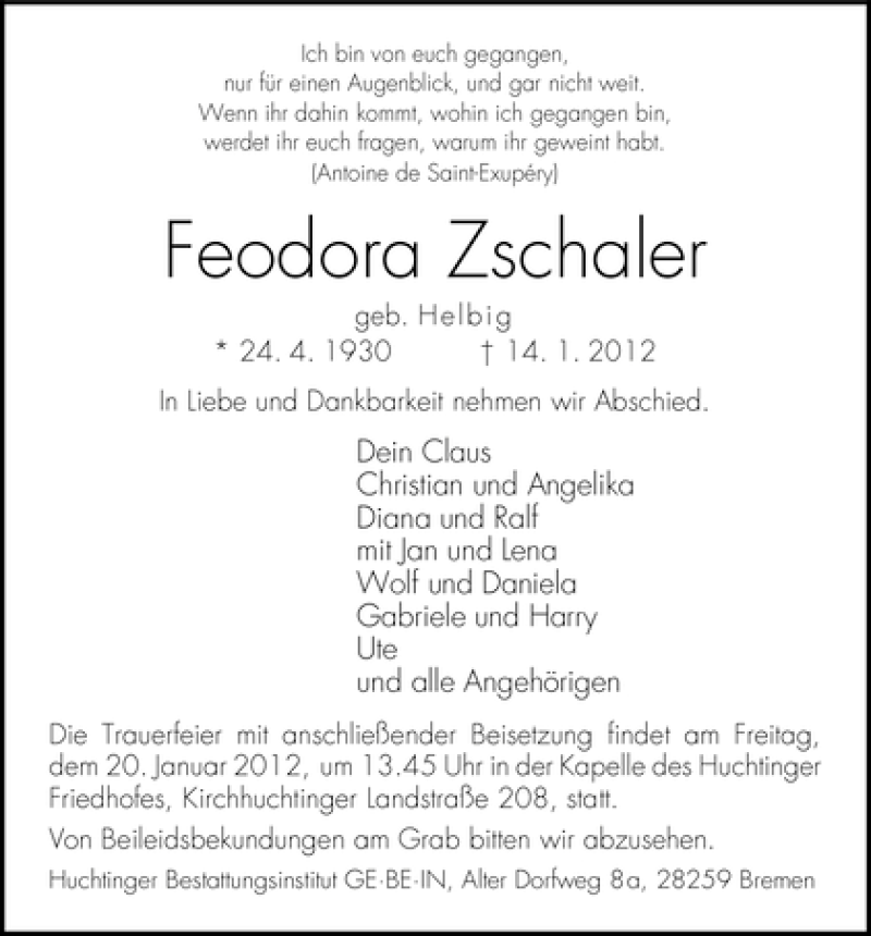 Traueranzeige von Feodora Zschaler von WESER-KURIER
