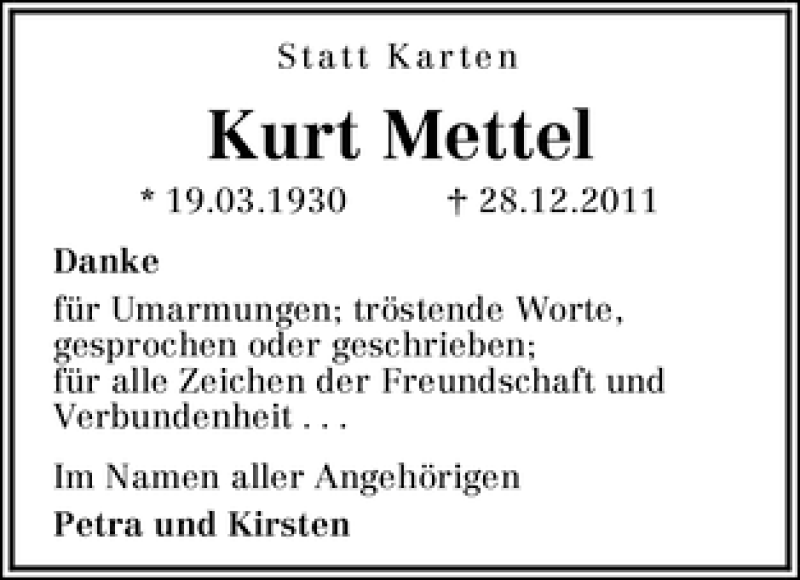 Traueranzeige von Kurt Mettel von WESER-KURIER