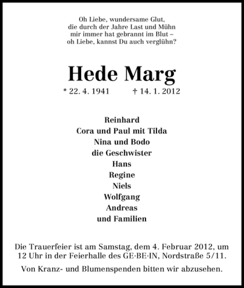 Traueranzeige von Hede Marg von WESER-KURIER