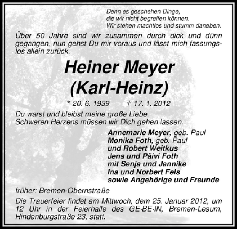 Traueranzeige von Heiner Meyer von WESER-KURIER