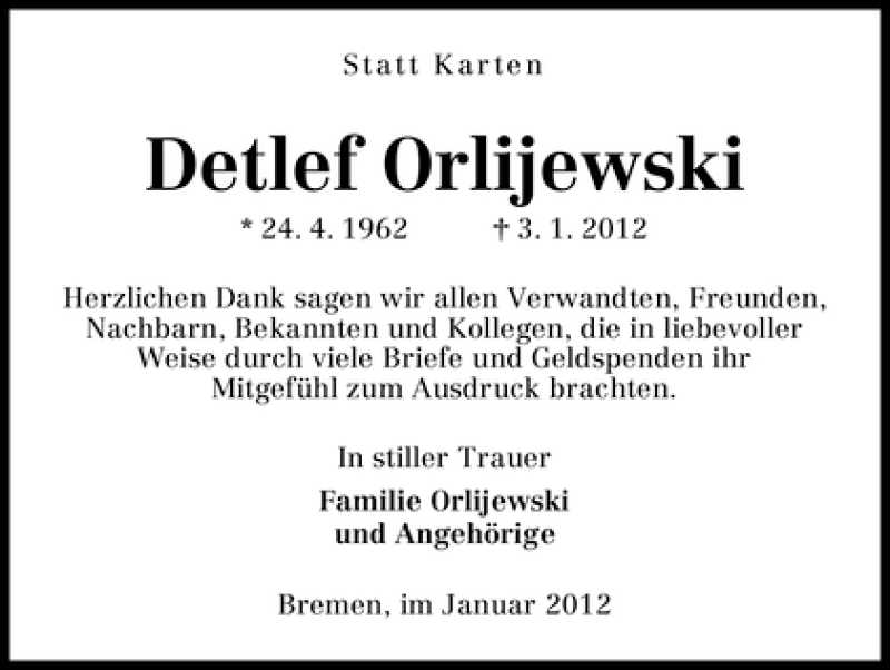 Traueranzeige von Detlef Orlijewski von WESER-KURIER
