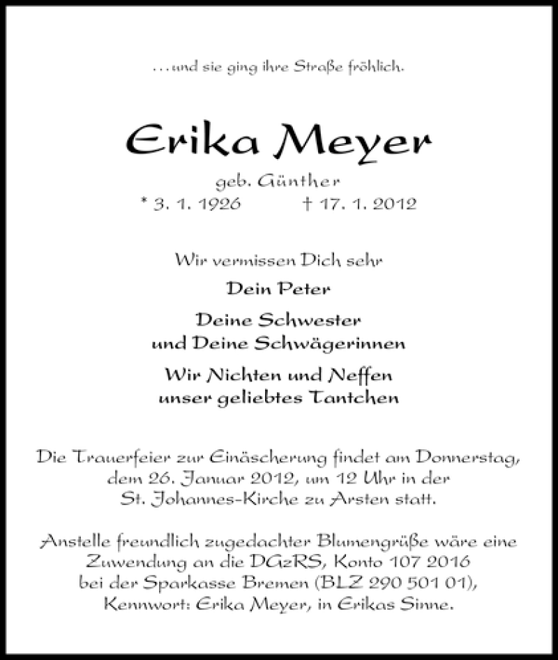 Traueranzeige von Erika Meyer von WESER-KURIER