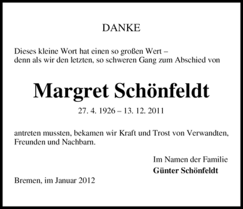 Traueranzeige von Margret Schönfeldt von WESER-KURIER