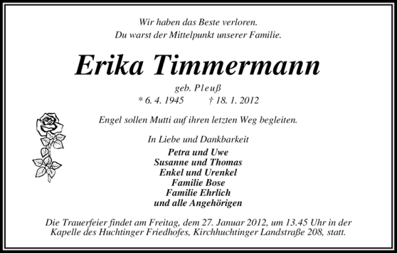 Traueranzeige von Erika Timmermann von WESER-KURIER