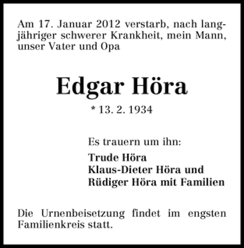 Traueranzeige von Edgar Höra von WESER-KURIER
